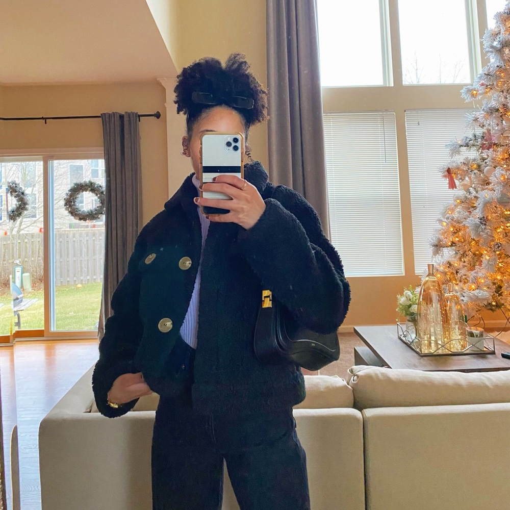 Black Fuzzy Jacket with Gold Buttons